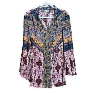 Umgee Tunic Top Womens Small Multicolor Boho Colorful Mix Print Gauze Blouse